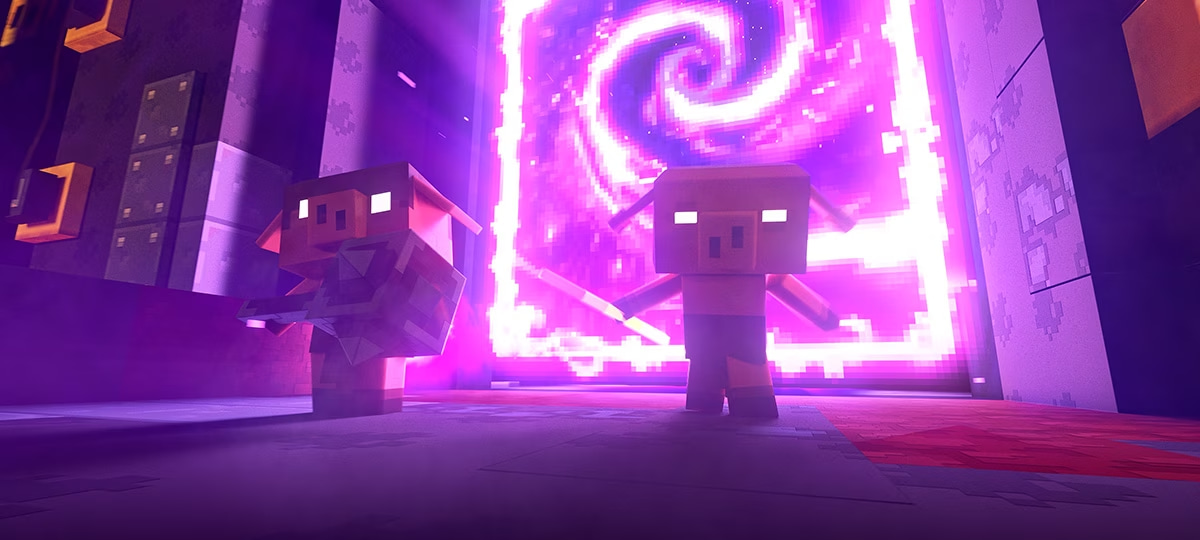 Piglins - bipedal pig-like creatures - emerging from a sinister looking purple portal in Minecraft Legends 